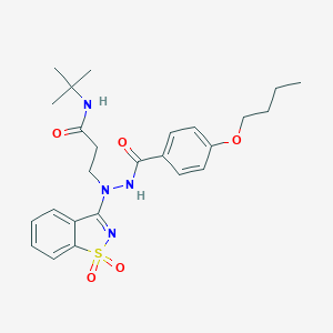 molecular formula C25H32N4O5S B328702 3-[2-(4-BUTOXYBENZOYL)-1-(1,1-DIOXIDO-1,2-BENZISOTHIAZOL-3-YL)HYDRAZINO]-N-(2-METHYL-2-PROPANYL)PROPANAMIDE 