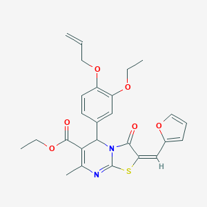 molecular formula C26H26N2O6S B328863 ETHYL (2E)-5-[3-ETHOXY-4-(PROP-2-EN-1-YLOXY)PHENYL]-2-[(FURAN-2-YL)METHYLIDENE]-7-METHYL-3-OXO-2H,3H,5H-[1,3]THIAZOLO[3,2-A]PYRIMIDINE-6-CARBOXYLATE 