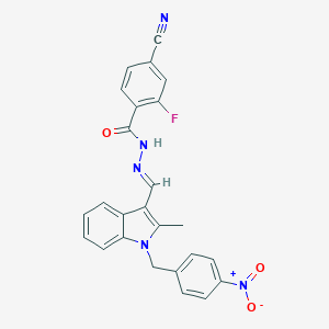 molecular formula C25H18FN5O3 B328869 4-CYANO-2-FLUORO-N'~1~-{(E)-1-[2-METHYL-1-(4-NITROBENZYL)-1H-INDOL-3-YL]METHYLIDENE}BENZOHYDRAZIDE 