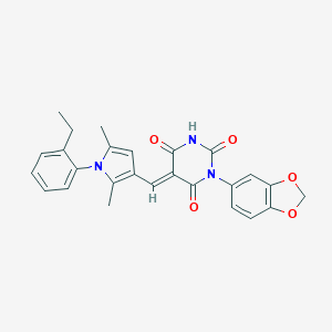 molecular formula C26H23N3O5 B328877 (5E)-1-(2H-1,3-BENZODIOXOL-5-YL)-5-{[1-(2-ETHYLPHENYL)-2,5-DIMETHYL-1H-PYRROL-3-YL]METHYLIDENE}-1,3-DIAZINANE-2,4,6-TRIONE 