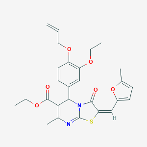 molecular formula C27H28N2O6S B328913 ETHYL (2E)-5-[3-ETHOXY-4-(PROP-2-EN-1-YLOXY)PHENYL]-7-METHYL-2-[(5-METHYLFURAN-2-YL)METHYLIDENE]-3-OXO-2H,3H,5H-[1,3]THIAZOLO[3,2-A]PYRIMIDINE-6-CARBOXYLATE 