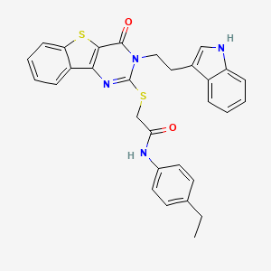 molecular formula C30H26N4O2S2 B3290627 N-(4-ethylphenyl)-2-({5-[2-(1H-indol-3-yl)ethyl]-6-oxo-8-thia-3,5-diazatricyclo[7.4.0.0^{2,7}]trideca-1(9),2(7),3,10,12-pentaen-4-yl}sulfanyl)acetamide CAS No. 866014-98-4