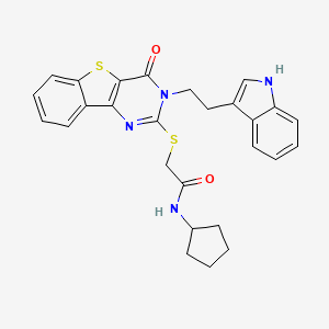 molecular formula C27H26N4O2S2 B3290629 N-cyclopentyl-2-({5-[2-(1H-indol-3-yl)ethyl]-6-oxo-8-thia-3,5-diazatricyclo[7.4.0.0^{2,7}]trideca-1(9),2(7),3,10,12-pentaen-4-yl}sulfanyl)acetamide CAS No. 866015-02-3