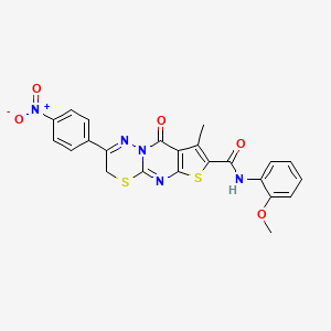 molecular formula C23H17N5O5S2 B3290672 N-(2-methoxyphenyl)-4-methyl-12-(4-nitrophenyl)-2-oxo-6,10-dithia-1,8,13-triazatricyclo[7.4.0.0^{3,7}]trideca-3(7),4,8,12-tetraene-5-carboxamide CAS No. 866589-32-4