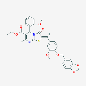molecular formula C33H30N2O8S B329190 ETHYL (2Z)-2-({4-[(2H-1,3-BENZODIOXOL-5-YL)METHOXY]-3-METHOXYPHENYL}METHYLIDENE)-5-(2-METHOXYPHENYL)-7-METHYL-3-OXO-2H,3H,5H-[1,3]THIAZOLO[3,2-A]PYRIMIDINE-6-CARBOXYLATE 