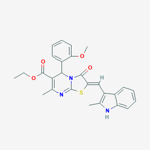molecular formula C27H25N3O4S B329197 ETHYL 5-(2-METHOXYPHENYL)-7-METHYL-2-[(Z)-1-(2-METHYL-1H-INDOL-3-YL)METHYLIDENE]-3-OXO-5H-[1,3]THIAZOLO[3,2-A]PYRIMIDINE-6(3H)-CARBOXYLATE 