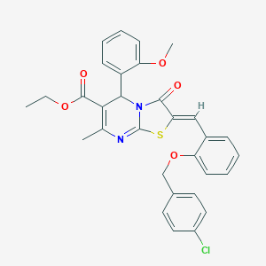 molecular formula C31H27ClN2O5S B329198 ETHYL (2Z)-2-({2-[(4-CHLOROPHENYL)METHOXY]PHENYL}METHYLIDENE)-5-(2-METHOXYPHENYL)-7-METHYL-3-OXO-2H,3H,5H-[1,3]THIAZOLO[3,2-A]PYRIMIDINE-6-CARBOXYLATE 