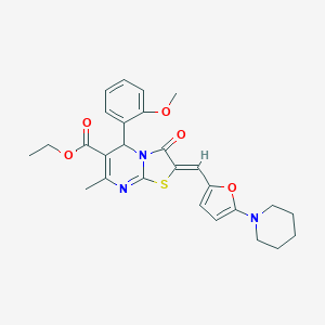 molecular formula C27H29N3O5S B329201 ETHYL (2Z)-5-(2-METHOXYPHENYL)-7-METHYL-3-OXO-2-{[5-(PIPERIDIN-1-YL)FURAN-2-YL]METHYLIDENE}-2H,3H,5H-[1,3]THIAZOLO[3,2-A]PYRIMIDINE-6-CARBOXYLATE 