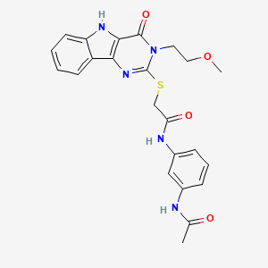 molecular formula C23H23N5O4S B3295580 N-(3-acetamidophenyl)-2-{[3-(2-methoxyethyl)-4-oxo-3H,4H,5H-pyrimido[5,4-b]indol-2-yl]sulfanyl}acetamide CAS No. 888438-92-4