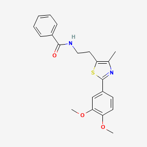 molecular formula C21H22N2O3S B3296373 N-{2-[2-(3,4-dimethoxyphenyl)-4-methyl-1,3-thiazol-5-yl]ethyl}benzamide CAS No. 893359-12-1