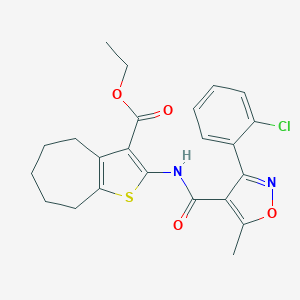 molecular formula C23H23ClN2O4S B329657 ethyl 2-({[3-(2-chlorophenyl)-5-methyl-4-isoxazolyl]carbonyl}amino)-5,6,7,8-tetrahydro-4H-cyclohepta[b]thiophene-3-carboxylate 