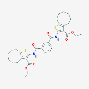 molecular formula C34H40N2O6S2 B329674 ETHYL 2-{[3-({[3-(ETHOXYCARBONYL)-4,5,6,7,8,9-HEXAHYDROCYCLOOCTA[B]THIOPHEN-2-YL]AMINO}CARBONYL)BENZOYL]AMINO}-4,5,6,7,8,9-HEXAHYDROCYCLOOCTA[B]THIOPHENE-3-CARBOXYLATE 