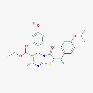 molecular formula C26H26N2O5S B329675 ETHYL 5-(4-HYDROXYPHENYL)-2-[(E)-1-(4-ISOPROPOXYPHENYL)METHYLIDENE]-7-METHYL-3-OXO-2,3-DIHYDRO-5H-[1,3]THIAZOLO[3,2-A]PYRIMIDINE-6-CARBOXYLATE 