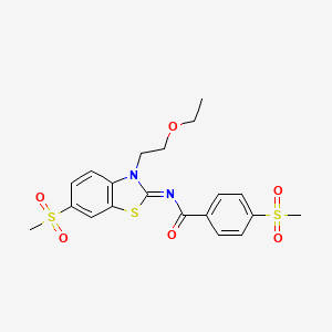molecular formula C20H22N2O6S3 B3297978 N-[(2Z)-3-(2-ethoxyethyl)-6-methanesulfonyl-2,3-dihydro-1,3-benzothiazol-2-ylidene]-4-methanesulfonylbenzamide CAS No. 896356-17-5