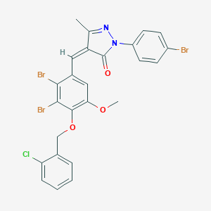 molecular formula C25H18Br3ClN2O3 B329916 1-(4-BROMOPHENYL)-4-((Z)-1-{2,3-DIBROMO-4-[(2-CHLOROBENZYL)OXY]-5-METHOXYPHENYL}METHYLIDENE)-3-METHYL-1H-PYRAZOL-5-ONE 