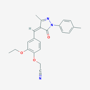 molecular formula C22H21N3O3 B329956 (2-ETHOXY-4-{[3-METHYL-1-(4-METHYLPHENYL)-5-OXO-1,5-DIHYDRO-4H-PYRAZOL-4-YLIDEN]METHYL}PHENOXY)METHYL CYANIDE 