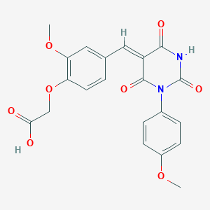 molecular formula C21H18N2O8 B330006 (2-methoxy-4-{(Z)-[1-(4-methoxyphenyl)-2,4,6-trioxotetrahydropyrimidin-5(2H)-ylidene]methyl}phenoxy)acetic acid 