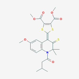 molecular formula C24H27NO6S3 B330294 DIMETHYL 2-[6-METHOXY-2,2-DIMETHYL-1-(3-METHYLBUTANOYL)-3-THIOXO-2,3-DIHYDRO-4(1H)-QUINOLINYLIDEN]-1,3-DITHIOLE-4,5-DICARBOXYLATE 