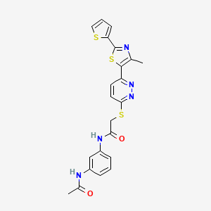 molecular formula C22H19N5O2S3 B3303618 N-(3-acetamidophenyl)-2-({6-[4-methyl-2-(thiophen-2-yl)-1,3-thiazol-5-yl]pyridazin-3-yl}sulfanyl)acetamide CAS No. 921100-89-2