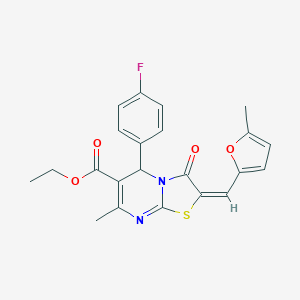 molecular formula C22H19FN2O4S B330446 ETHYL 5-(4-FLUOROPHENYL)-7-METHYL-2-[(E)-1-(5-METHYL-2-FURYL)METHYLIDENE]-3-OXO-2,3-DIHYDRO-5H-[1,3]THIAZOLO[3,2-A]PYRIMIDINE-6-CARBOXYLATE 