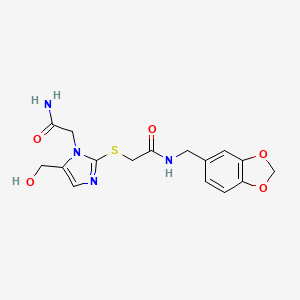 molecular formula C16H18N4O5S B3304489 N-[(2H-1,3-benzodioxol-5-yl)methyl]-2-{[1-(carbamoylmethyl)-5-(hydroxymethyl)-1H-imidazol-2-yl]sulfanyl}acetamide CAS No. 921821-83-2