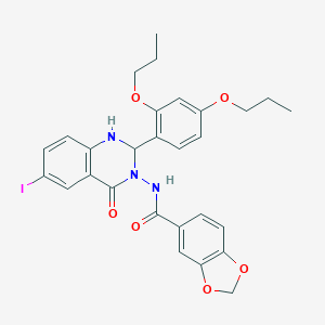 molecular formula C28H28IN3O6 B330454 N-[2-(2,4-DIPROPOXYPHENYL)-6-IODO-4-OXO-1,4-DIHYDRO-3(2H)-QUINAZOLINYL]-1,3-BENZODIOXOLE-5-CARBOXAMIDE 