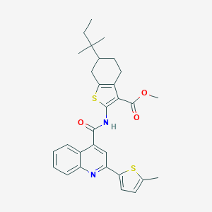molecular formula C30H32N2O3S2 B330466 Methyl 2-({[2-(5-methyl-2-thienyl)-4-quinolinyl]carbonyl}amino)-6-tert-pentyl-4,5,6,7-tetrahydro-1-benzothiophene-3-carboxylate 