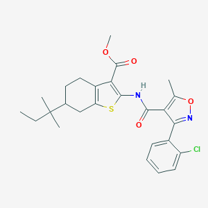 molecular formula C26H29ClN2O4S B330814 METHYL 2-({[3-(2-CHLOROPHENYL)-5-METHYL-4-ISOXAZOLYL]CARBONYL}AMINO)-6-(TERT-PENTYL)-4,5,6,7-TETRAHYDRO-1-BENZOTHIOPHENE-3-CARBOXYLATE 