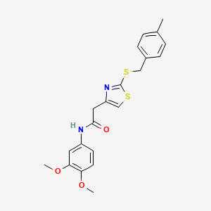 molecular formula C21H22N2O3S2 B3309507 N-(3,4-dimethoxyphenyl)-2-(2-{[(4-methylphenyl)methyl]sulfanyl}-1,3-thiazol-4-yl)acetamide CAS No. 941982-28-1