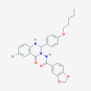 molecular formula C27H26BrN3O5 B330977 N-[6-BROMO-4-OXO-2-[4-(PENTYLOXY)PHENYL]-1,4-DIHYDRO-3(2H)-QUINAZOLINYL]-1,3-BENZODIOXOLE-5-CARBOXAMIDE 