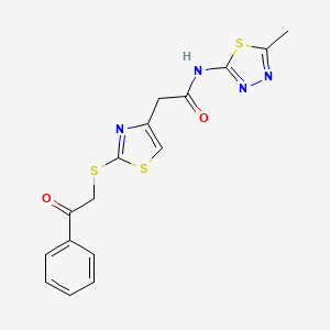 molecular formula C16H14N4O2S3 B3310307 N-(5-methyl-1,3,4-thiadiazol-2-yl)-2-(2-((2-oxo-2-phenylethyl)thio)thiazol-4-yl)acetamide CAS No. 946199-22-0