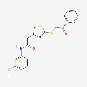 molecular formula C20H18N2O2S3 B3310314 N-(3-(methylthio)phenyl)-2-(2-((2-oxo-2-phenylethyl)thio)thiazol-4-yl)acetamide CAS No. 946199-38-8