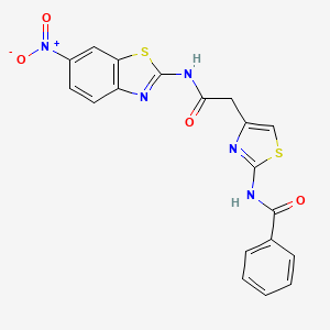 molecular formula C19H13N5O4S2 B3310398 N-(4-{[(6-nitro-1,3-benzothiazol-2-yl)carbamoyl]methyl}-1,3-thiazol-2-yl)benzamide CAS No. 946203-60-7