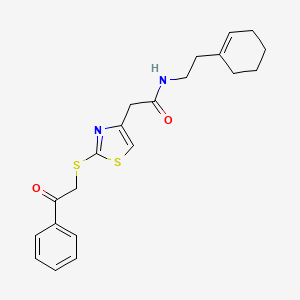 molecular formula C21H24N2O2S2 B3311101 N-(2-(cyclohex-1-en-1-yl)ethyl)-2-(2-((2-oxo-2-phenylethyl)thio)thiazol-4-yl)acetamide CAS No. 946241-40-3