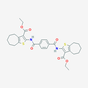 molecular formula C32H36N2O6S2 B331554 ETHYL 2-{[4-({[3-(ETHOXYCARBONYL)-5,6,7,8-TETRAHYDRO-4H-CYCLOHEPTA[B]THIOPHEN-2-YL]AMINO}CARBONYL)BENZOYL]AMINO}-5,6,7,8-TETRAHYDRO-4H-CYCLOHEPTA[B]THIOPHENE-3-CARBOXYLATE 