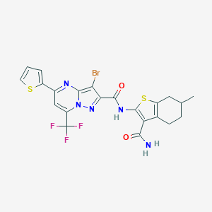 molecular formula C22H17BrF3N5O2S2 B331927 N-[3-(AMINOCARBONYL)-6-METHYL-4,5,6,7-TETRAHYDRO-1-BENZOTHIOPHEN-2-YL]-3-BROMO-5-(2-THIENYL)-7-(TRIFLUOROMETHYL)PYRAZOLO[1,5-A]PYRIMIDINE-2-CARBOXAMIDE 
