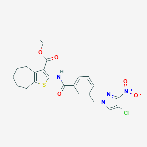 molecular formula C23H23ClN4O5S B332005 ethyl 2-{[3-({4-chloro-3-nitro-1H-pyrazol-1-yl}methyl)benzoyl]amino}-5,6,7,8-tetrahydro-4H-cyclohepta[b]thiophene-3-carboxylate 