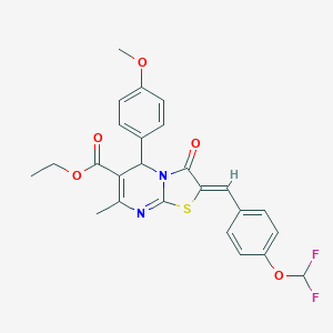 molecular formula C25H22F2N2O5S B332079 ETHYL 2-{(Z)-1-[4-(DIFLUOROMETHOXY)PHENYL]METHYLIDENE}-5-(4-METHOXYPHENYL)-7-METHYL-3-OXO-5H-[1,3]THIAZOLO[3,2-A]PYRIMIDINE-6(3H)-CARBOXYLATE 