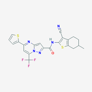molecular formula C22H16F3N5OS2 B332164 N-(3-CYANO-6-METHYL-4,5,6,7-TETRAHYDRO-1-BENZOTHIOPHEN-2-YL)-5-(2-THIENYL)-7-(TRIFLUOROMETHYL)PYRAZOLO[1,5-A]PYRIMIDINE-2-CARBOXAMIDE 