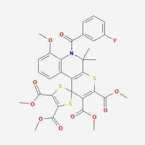 molecular formula C32H28FNO10S3 B332231 tetramethyl 6-(3-fluorobenzoyl)-7-methoxy-5,5-dimethyl-5,6-dihydrospiro(1H-thiopyrano[2,3-c]quinoline-1,2'-[1,3]-dithiole)-2,3,4',5'-tetracarboxylate 