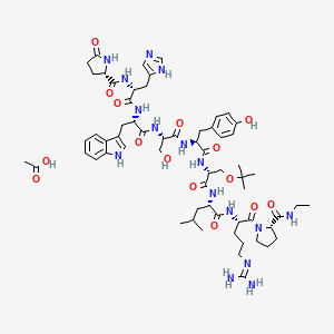 molecular formula C62H90N16O15 B3324487 acetic acid;(2S)-N-[(2R)-1-[[(2S)-1-[[(2S)-1-[[(2S)-1-[[(2R)-1-[[(2S)-1-[[(2S)-5-(diaminomethylideneamino)-1-[(2S)-2-(ethylcarbamoyl)pyrrolidin-1-yl]-1-oxopentan-2-yl]amino]-4-methyl-1-oxopentan-2-yl]amino]-3-[(2-methylpropan-2-yl)oxy]-1-oxopropan-2-yl]amino]-3-(4-hydroxyphenyl)-1-oxopropan-2-yl]amino]-3-hydroxy-1-oxopropan-2-yl]amino]-3-(1H-indol-3-yl)-1-oxopropan-2-yl]amino]-3-(1H-imidazol-5-yl)-1-oxopropan-2-yl]-5-oxopyrrolidine-2-carboxamide CAS No. 1872434-99-5