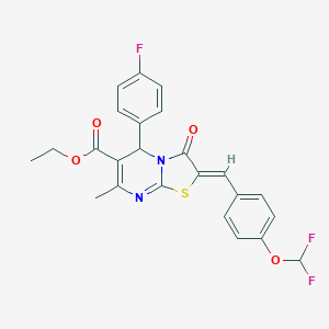 molecular formula C24H19F3N2O4S B332628 ETHYL 2-{(Z)-1-[4-(DIFLUOROMETHOXY)PHENYL]METHYLIDENE}-5-(4-FLUOROPHENYL)-7-METHYL-3-OXO-5H-[1,3]THIAZOLO[3,2-A]PYRIMIDINE-6(3H)-CARBOXYLATE 