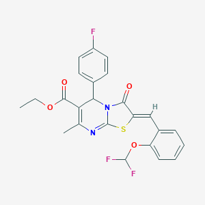 molecular formula C24H19F3N2O4S B332651 ETHYL 2-{(Z)-1-[2-(DIFLUOROMETHOXY)PHENYL]METHYLIDENE}-5-(4-FLUOROPHENYL)-7-METHYL-3-OXO-5H-[1,3]THIAZOLO[3,2-A]PYRIMIDINE-6(3H)-CARBOXYLATE 