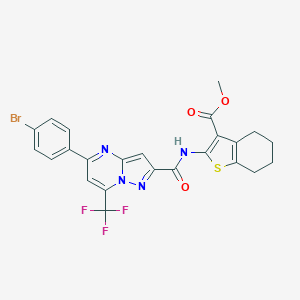 molecular formula C24H18BrF3N4O3S B332659 METHYL 2-[5-(4-BROMOPHENYL)-7-(TRIFLUOROMETHYL)PYRAZOLO[1,5-A]PYRIMIDINE-2-AMIDO]-4,5,6,7-TETRAHYDRO-1-BENZOTHIOPHENE-3-CARBOXYLATE 