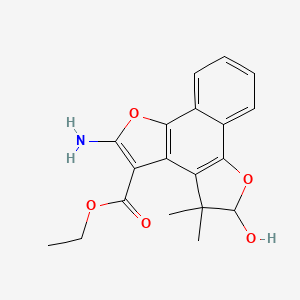 molecular formula C19H19NO5 B3326991 ethyl 4-amino-9-hydroxy-8,8-dimethyl-3,10-dioxatetracyclo[10.4.0.02,6.07,11]hexadeca-1(16),2(6),4,7(11),12,14-hexaene-5-carboxylate CAS No. 30119-43-8