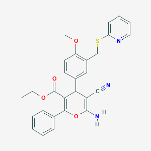 molecular formula C28H25N3O4S B332851 ethyl 6-amino-5-cyano-4-{4-methoxy-3-[(pyridin-2-ylsulfanyl)methyl]phenyl}-2-phenyl-4H-pyran-3-carboxylate 