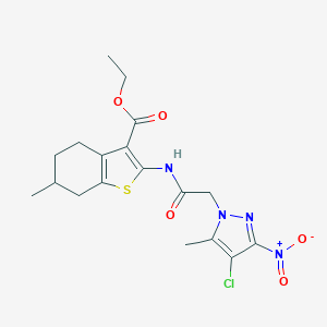 molecular formula C18H21ClN4O5S B332950 ETHYL 2-{[2-(4-CHLORO-5-METHYL-3-NITRO-1H-PYRAZOL-1-YL)ACETYL]AMINO}-6-METHYL-4,5,6,7-TETRAHYDRO-1-BENZOTHIOPHENE-3-CARBOXYLATE 