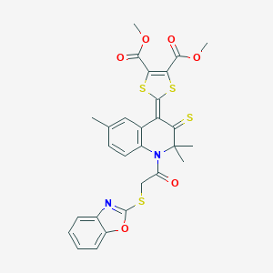 molecular formula C28H24N2O6S4 B333135 DIMETHYL 2-[1-[2-(1,3-BENZOXAZOL-2-YLSULFANYL)ACETYL]-2,2,6-TRIMETHYL-3-THIOXO-2,3-DIHYDRO-4(1H)-QUINOLINYLIDEN]-1,3-DITHIOLE-4,5-DICARBOXYLATE 