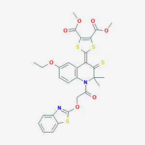 molecular formula C29H26N2O7S4 B333178 DIMETHYL 2-[1-[2-(1,3-BENZOTHIAZOL-2-YLOXY)ACETYL]-6-ETHOXY-2,2-DIMETHYL-3-THIOXO-2,3-DIHYDRO-4(1H)-QUINOLINYLIDEN]-1,3-DITHIOLE-4,5-DICARBOXYLATE 