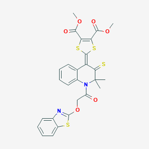 molecular formula C27H22N2O6S4 B333180 DIMETHYL 2-[1-[2-(1,3-BENZOTHIAZOL-2-YLOXY)ACETYL]-2,2-DIMETHYL-3-THIOXO-2,3-DIHYDRO-4(1H)-QUINOLINYLIDEN]-1,3-DITHIOLE-4,5-DICARBOXYLATE 